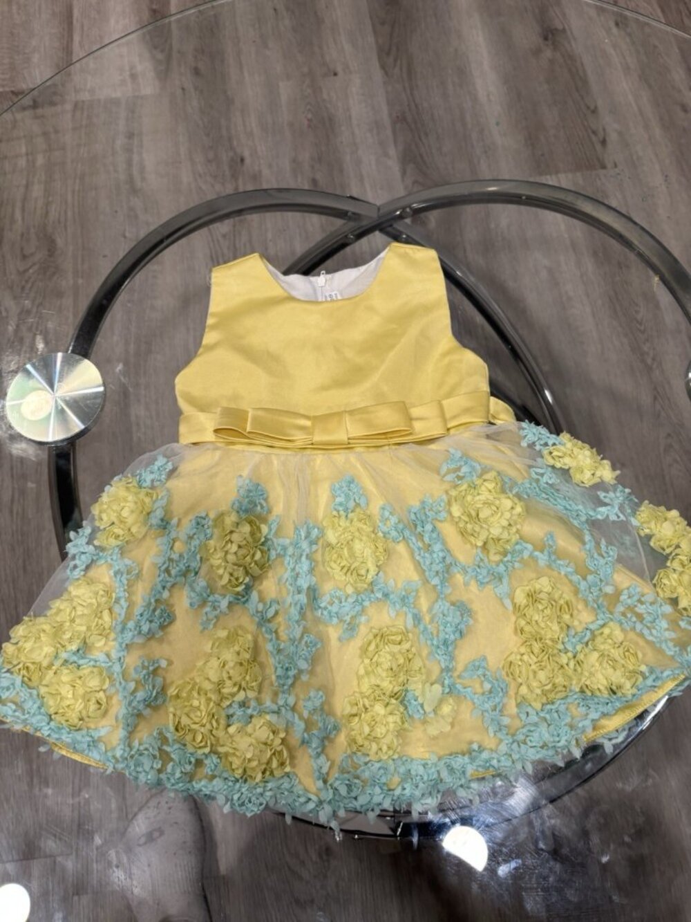 Girls Yellow Blue Floral Fit & Flare Party Dress Sleeveless Bow Ruffle 9-12M